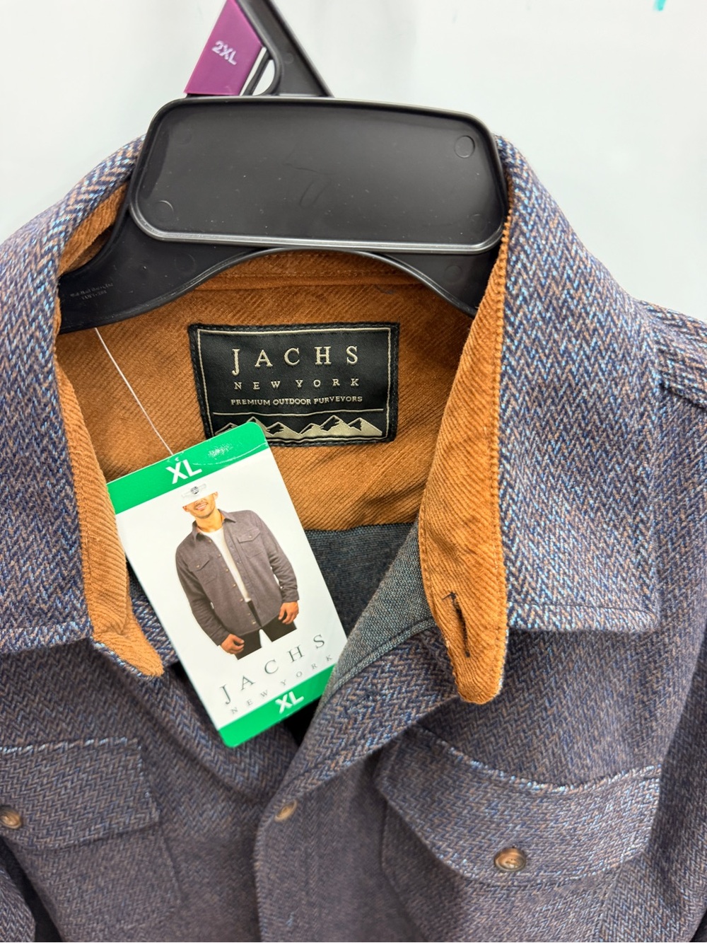 Jachs Men's Blue and Brown Herringbone Shirt Jacket with Tan Corduroy Collar
